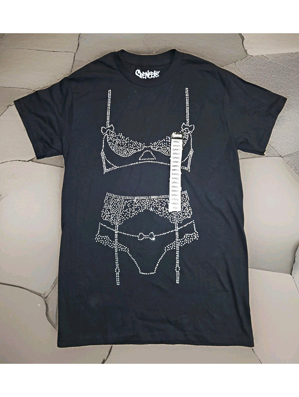 Spencer's Black Graphic Rhinestone Crew Neck Cotton Jersey T-Shirt Size S